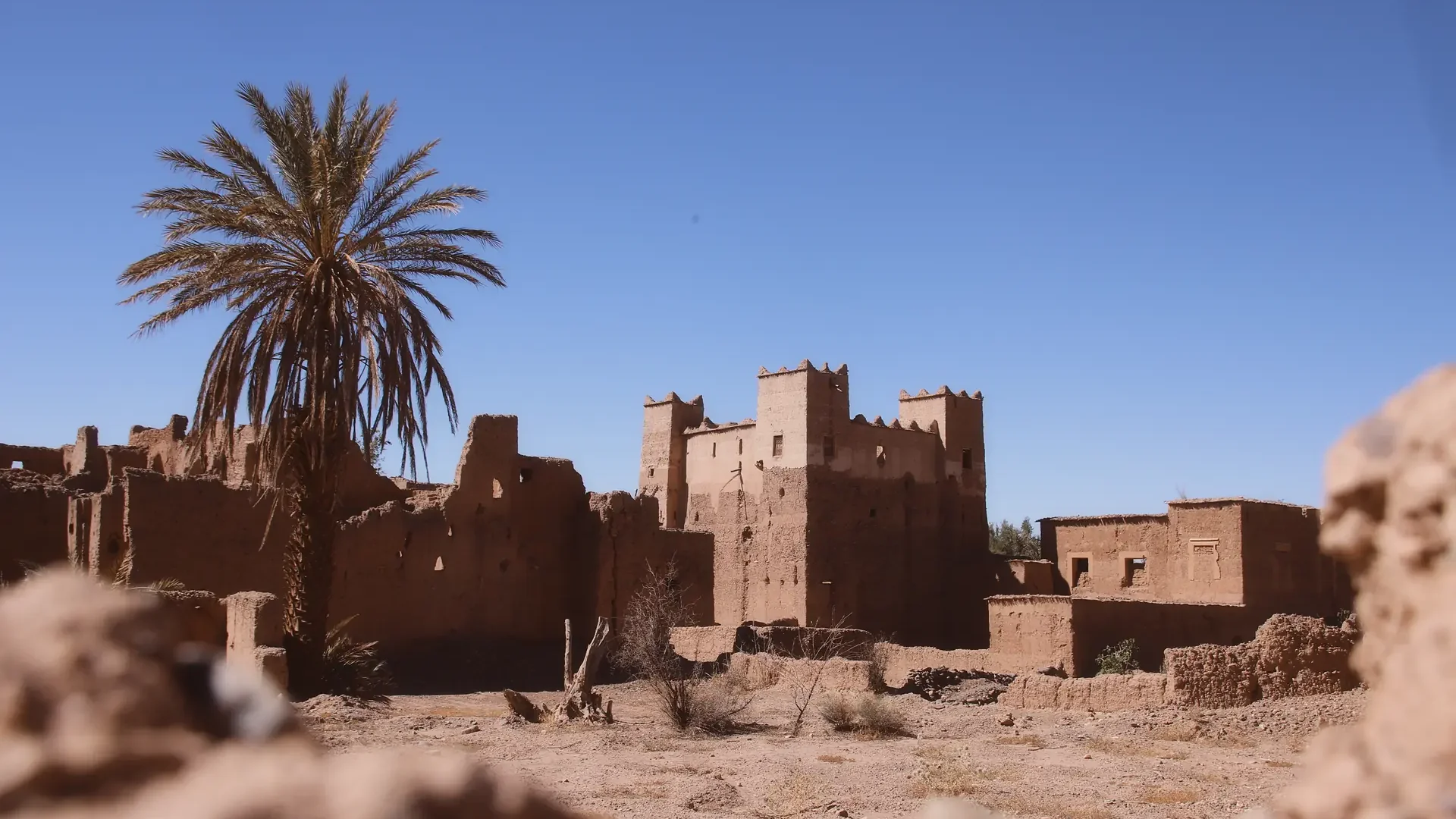 Kasbahs en ruines et palmier dans la vallée des amandiers