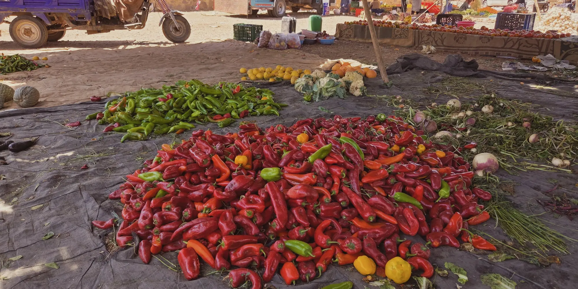 Food tour au souk de Ouarzazate : tas de piments rouges et verts sur le marché rural hebdomadaire